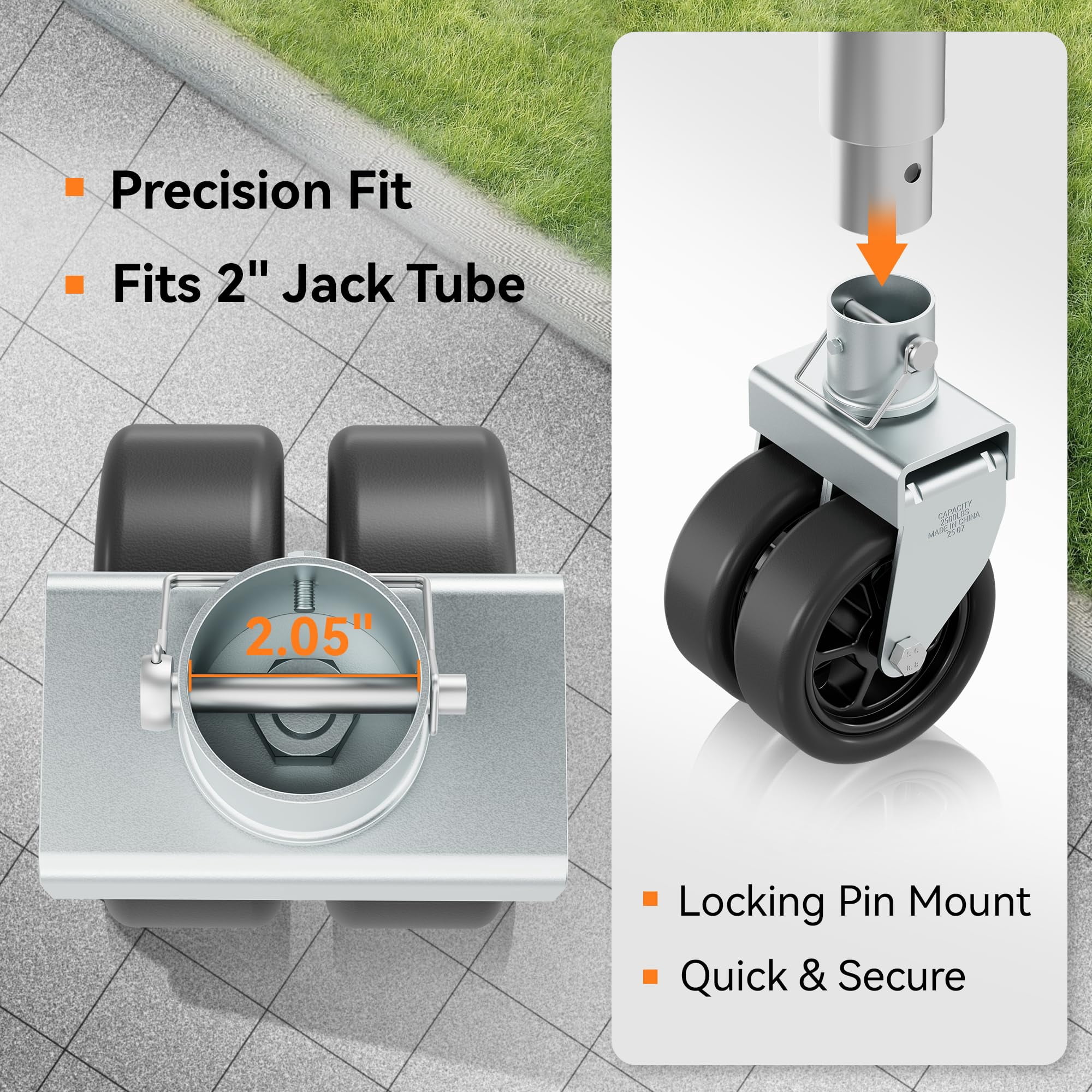 TOWKING 2,500lbs Dual 6" Trailer Jack Swivel Caster with Upgraded Spoked Wheels and Reinforced Bracket, Silver