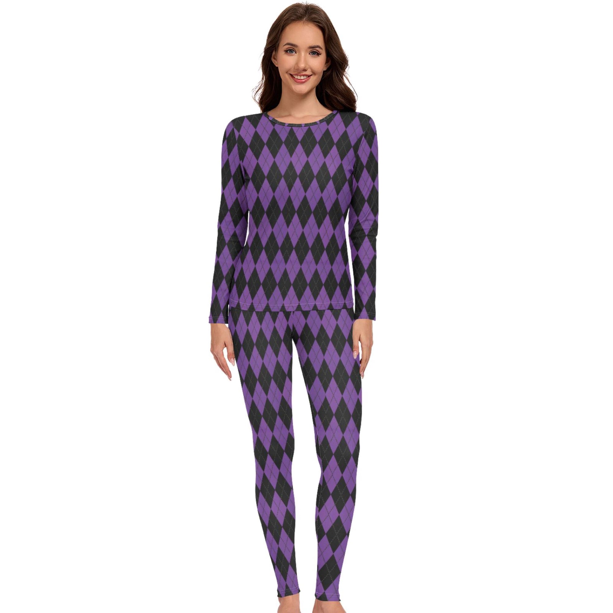 Women Purple Black Checkered Thermal Underwear Set 2 Piece Base Layer Medium