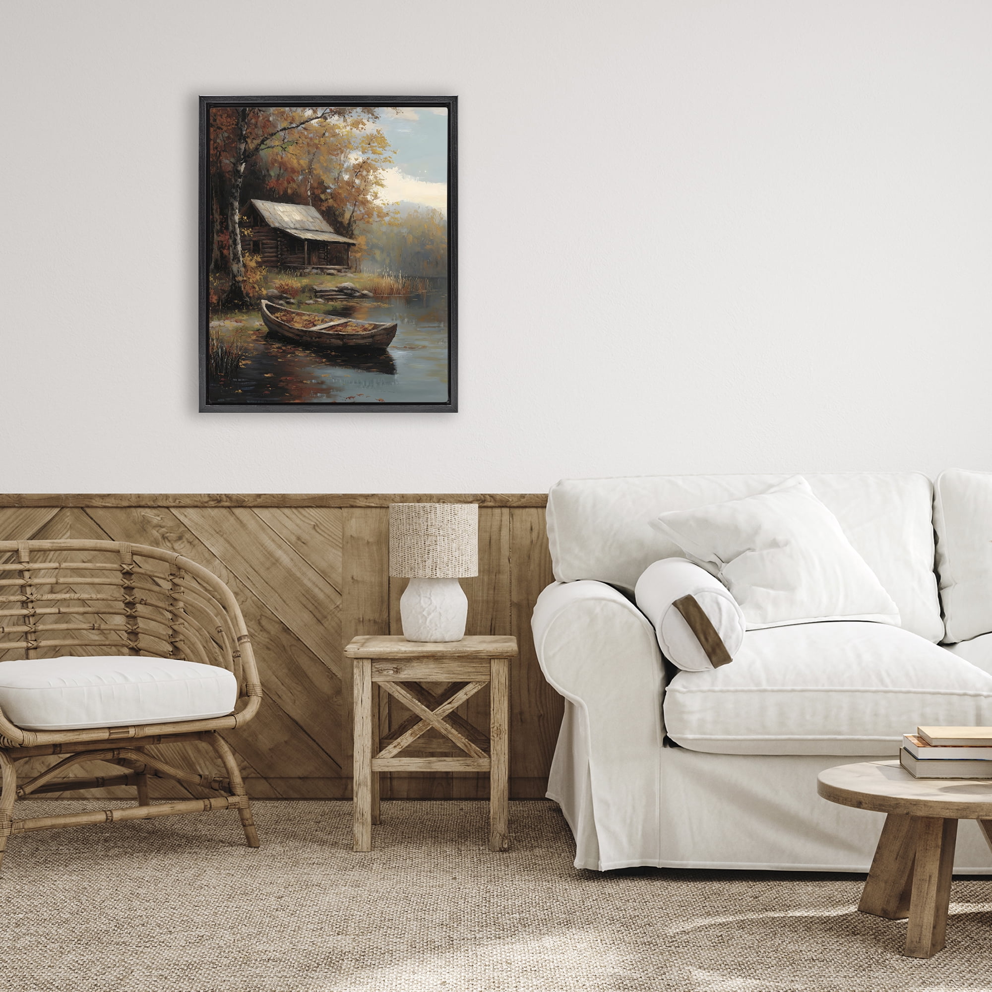 Autumn Cabin Canoe with Leaves Black Framed Floater Canvas Wall Art, design by Arlington Prints