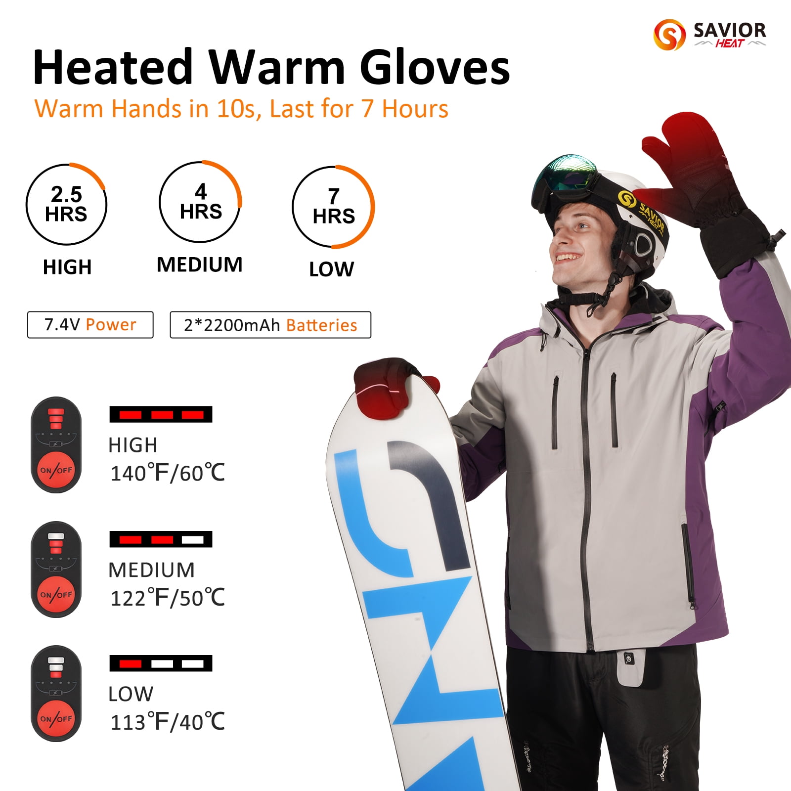 SAVIOR HEAT Heated Gloves Men and Women Winter Heated Gloves Heated Gloves Rechargeable Battery Waterproof and Warm Touch Screen Winter Ski Gloves Suitable for Skiing, Work, Riding, Hiking