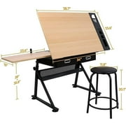 HomGarden Wood Drafting Desk Drawing Table Art Craft Station Tiltable W/ Stool & Drawer