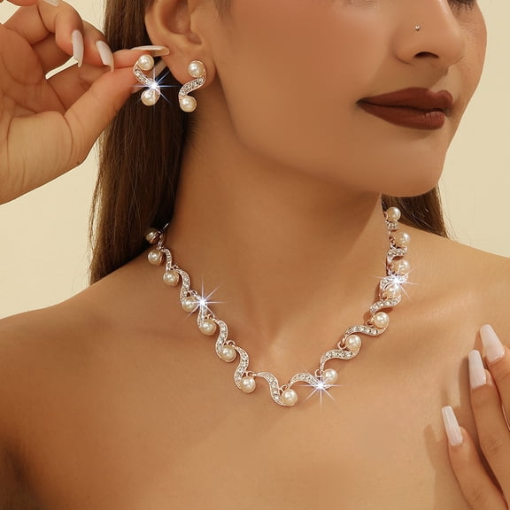 Alloy Rhinestone & Imitation Pearl Jewelry sets Include Earrings & Necklaces for Women Silver 400mm Rhinestone