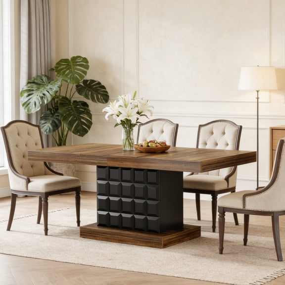 Fnova 63" Farmhouse Dining Table for 4-6 People, Wooden Rectangular Kitchen Table with Geometric Relief Pedestal Base, Easy to Assemble
