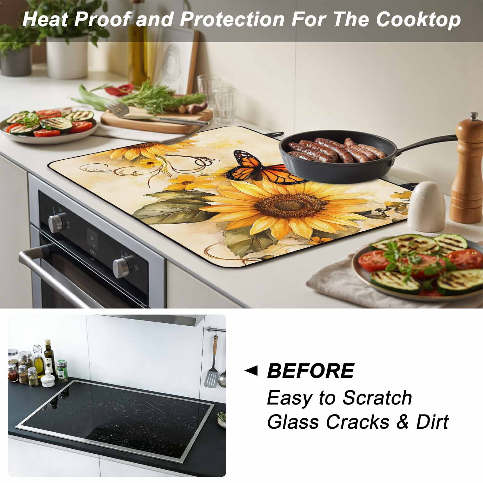 Sunflower Stove Top Cover for Electric Stove, Heat-proof & Non Slip Glass Top Stove Cover Protector, Butterfly Spring Floral Retro Kitchen Flat Cooktop Rubber Mat 24x21 Inches