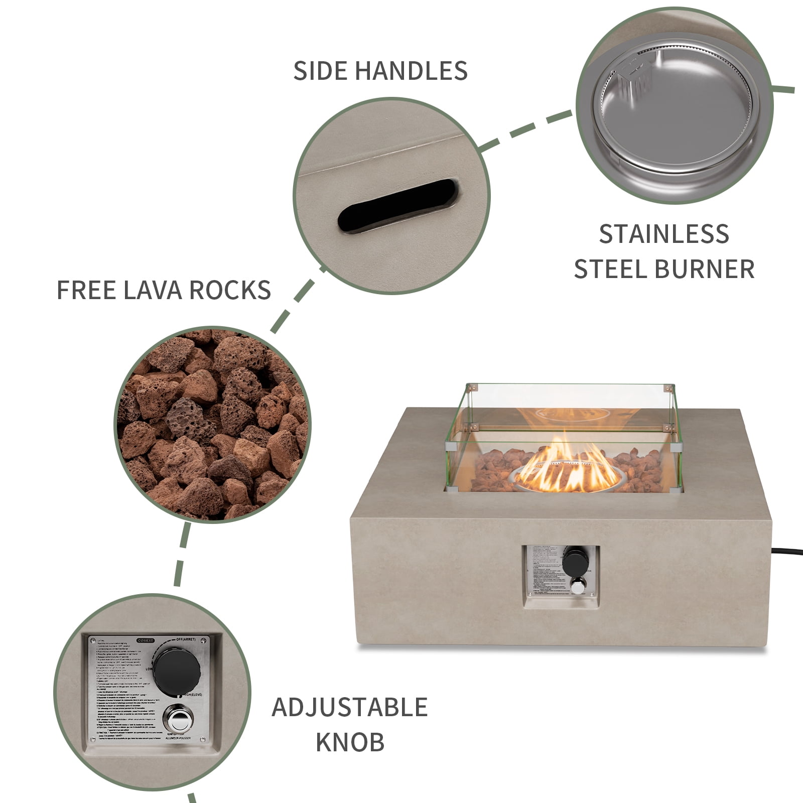 VENTOPYR 35''Outdoor Square Propane Fire Pit Table with Tank and Wind Guard