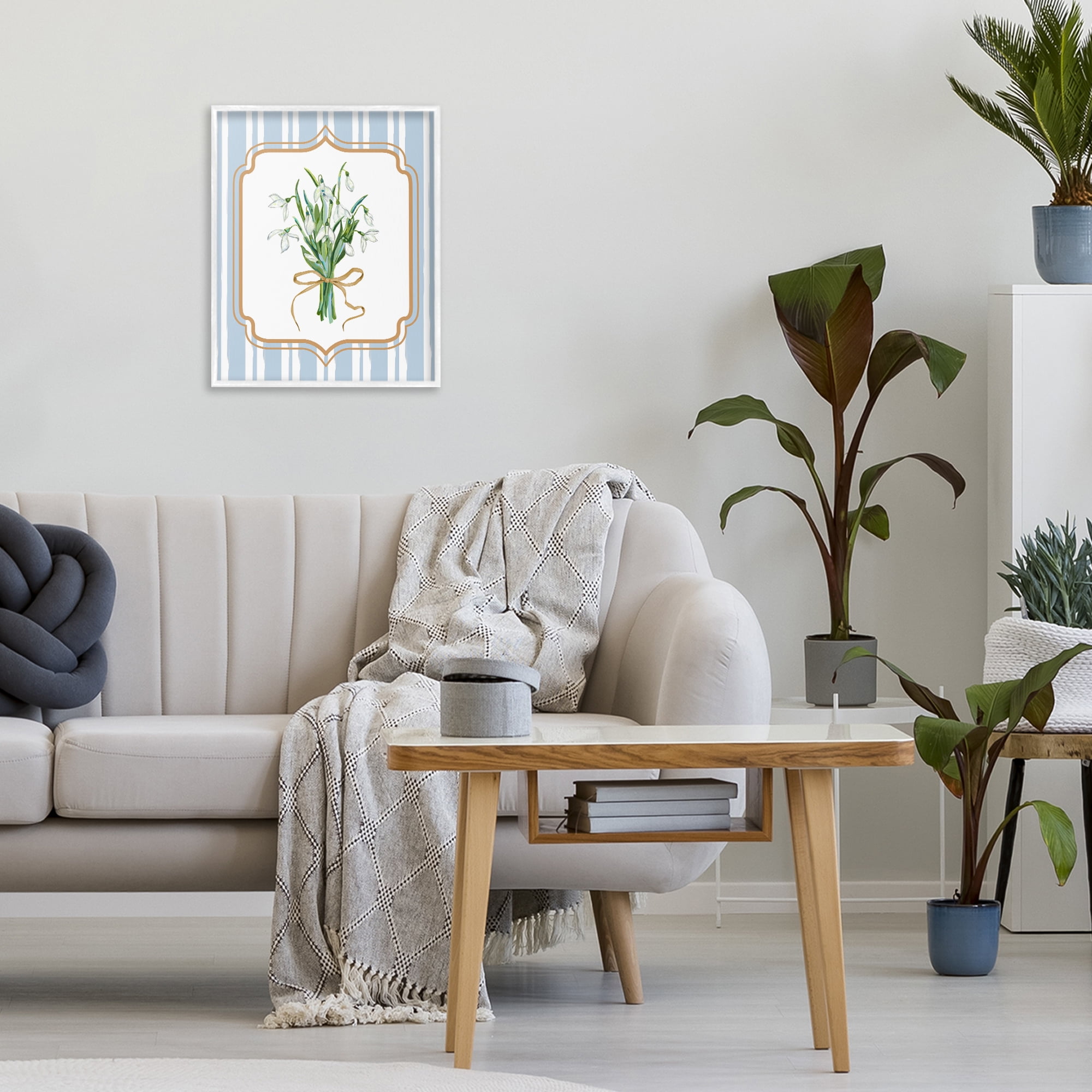 White Flower Bundle on Stripes White Framed Giclee Art, design by Adonna Ebrahimi