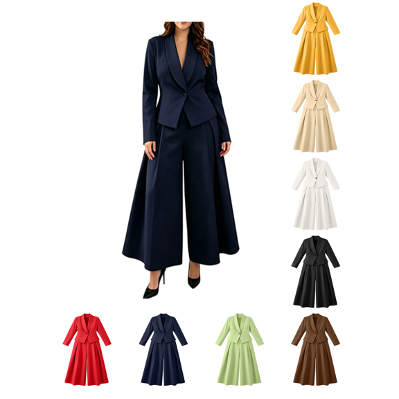 Atkumj Blazer Sets Women 2 Piece Outfits Stylish Lapel Button Jackets and Wide Leg Pants Suit Set Casual Solid Color Women Suits 2 Piece Set Business S