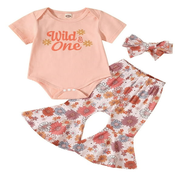 Baby Girls Pink Romper/Tops + Floral Flared Pants + Headband