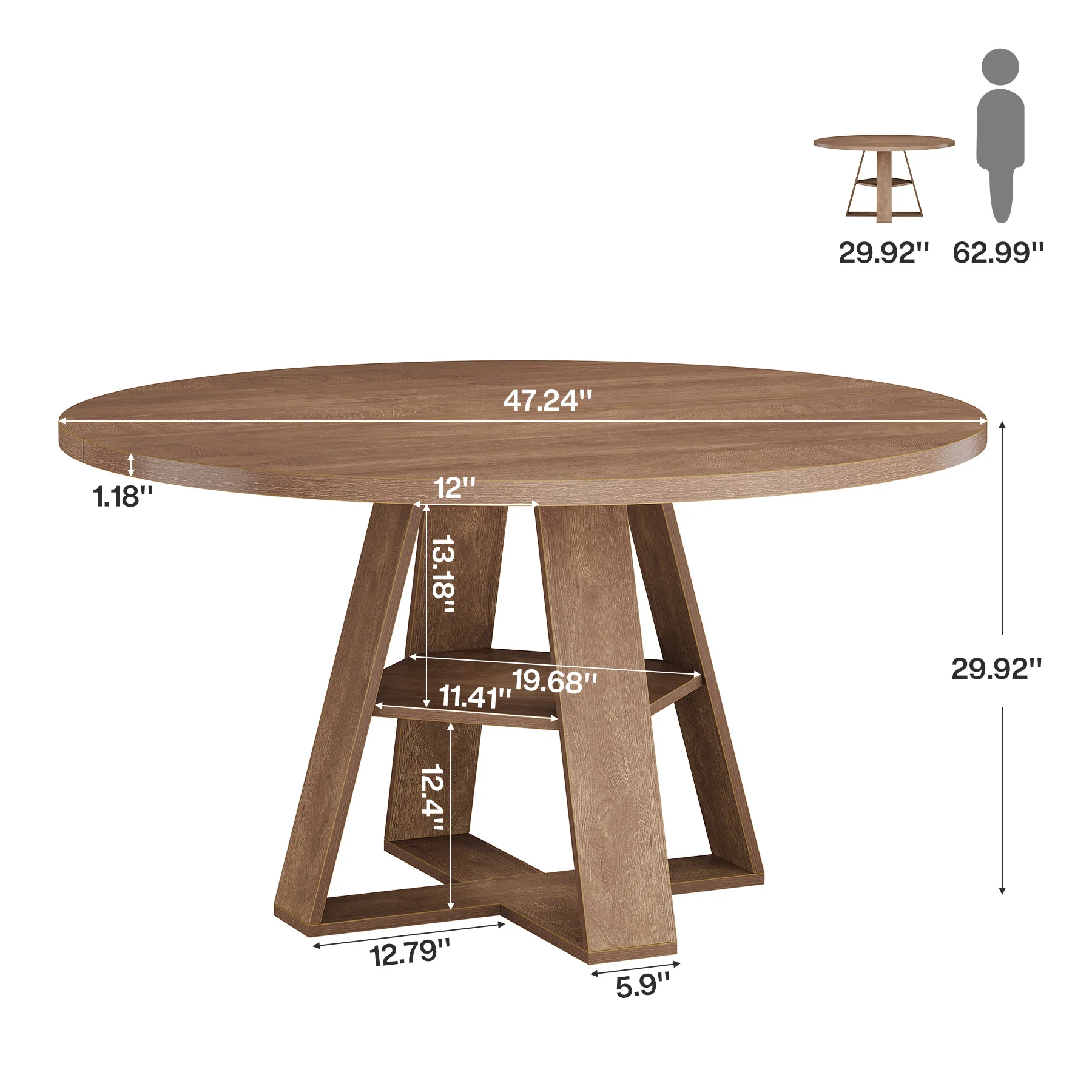 Hommoo 47.24 Inch Round Farmhouse Dining Table for 4-6 People, Kitchen Table with X-Cross Base & Built-in Storage Shelf, Walnut
