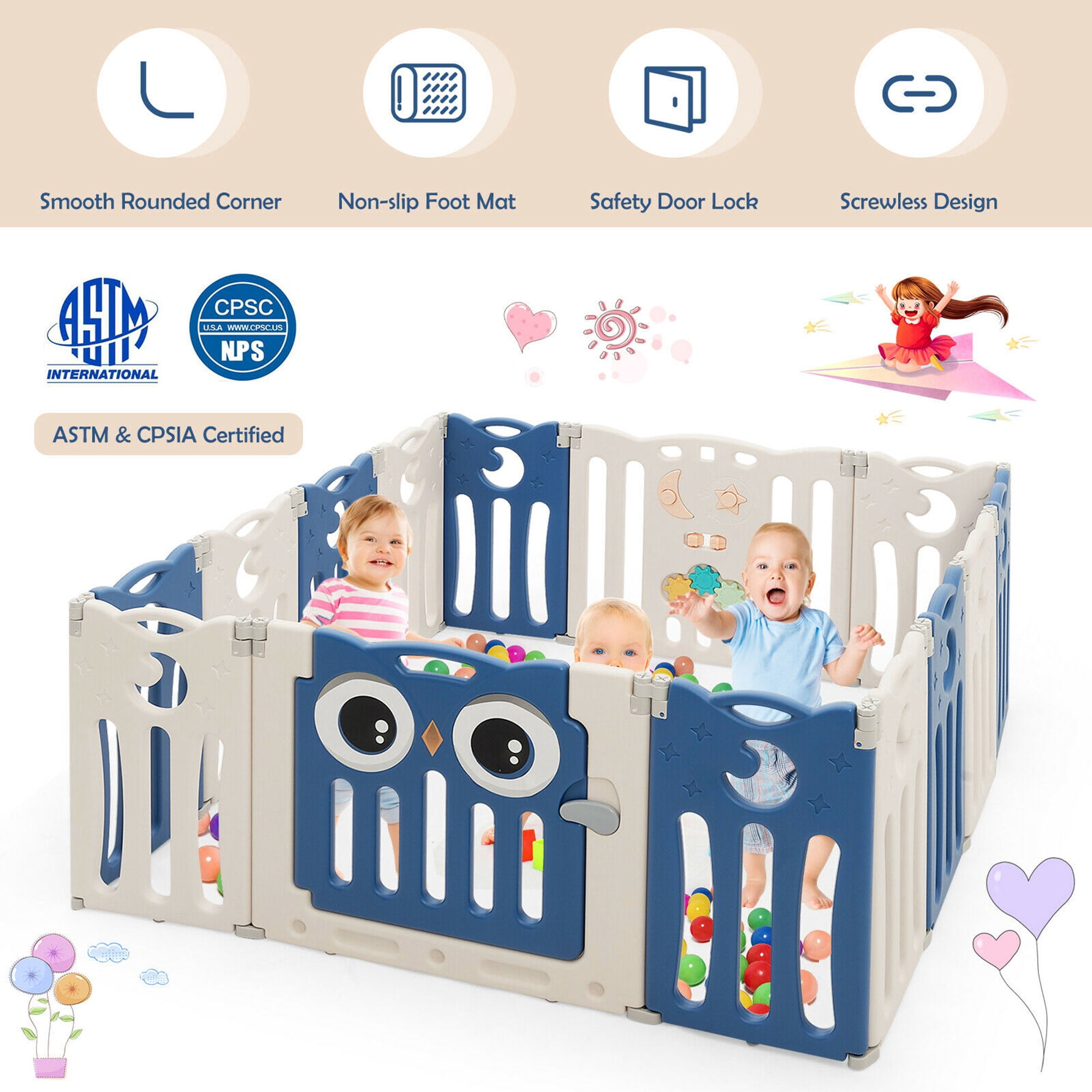 Gymax 14-Panel Baby Playpen Foldable Play Yard Kids Activity Center with Lock Door, Blue
