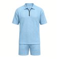 thumbnail image 4 of hotojiny Men's Summer Beach Outfits 2 Piece Sweatsuits Big and Tall Golf Shirts 1/4 Zip Top and Shorts Vacation Texture Sets(Blue,X-Large), 4 of 5