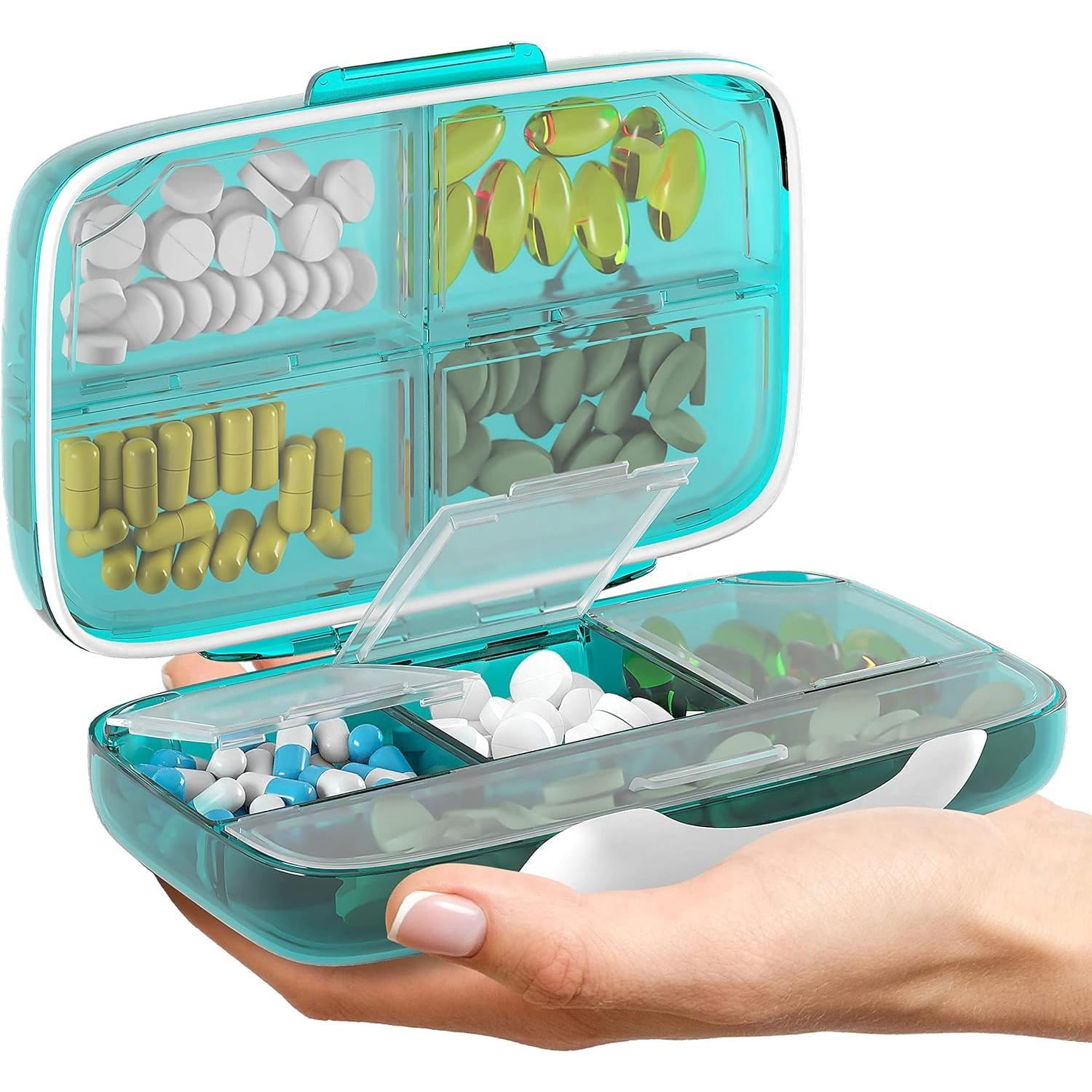 Pill Organizer Airtight Pill Box Large Pill Dispenser Home Travel Supplement Holder Portable Vitamin Sorter Jumbo Size 8 Compartment Airtight Vitamin Container Daily Medicine