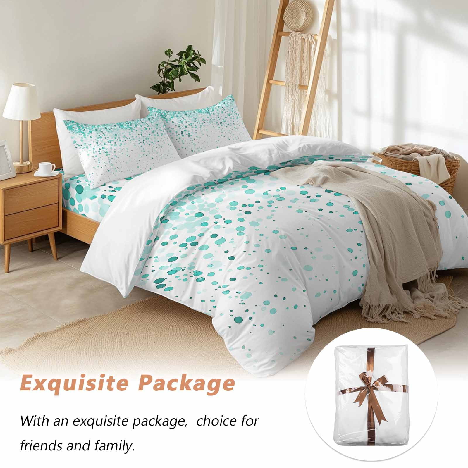Teal Polka Dot Bedding Duvet Cover Set Queen Size 4 Pieces Watercolor Teal Gradient Abstract Modern Bedding Set with Zipper Closure, 1 Comforter Cover 90x92 Inches 1 Flat Sheet & 2 Pillow Cases