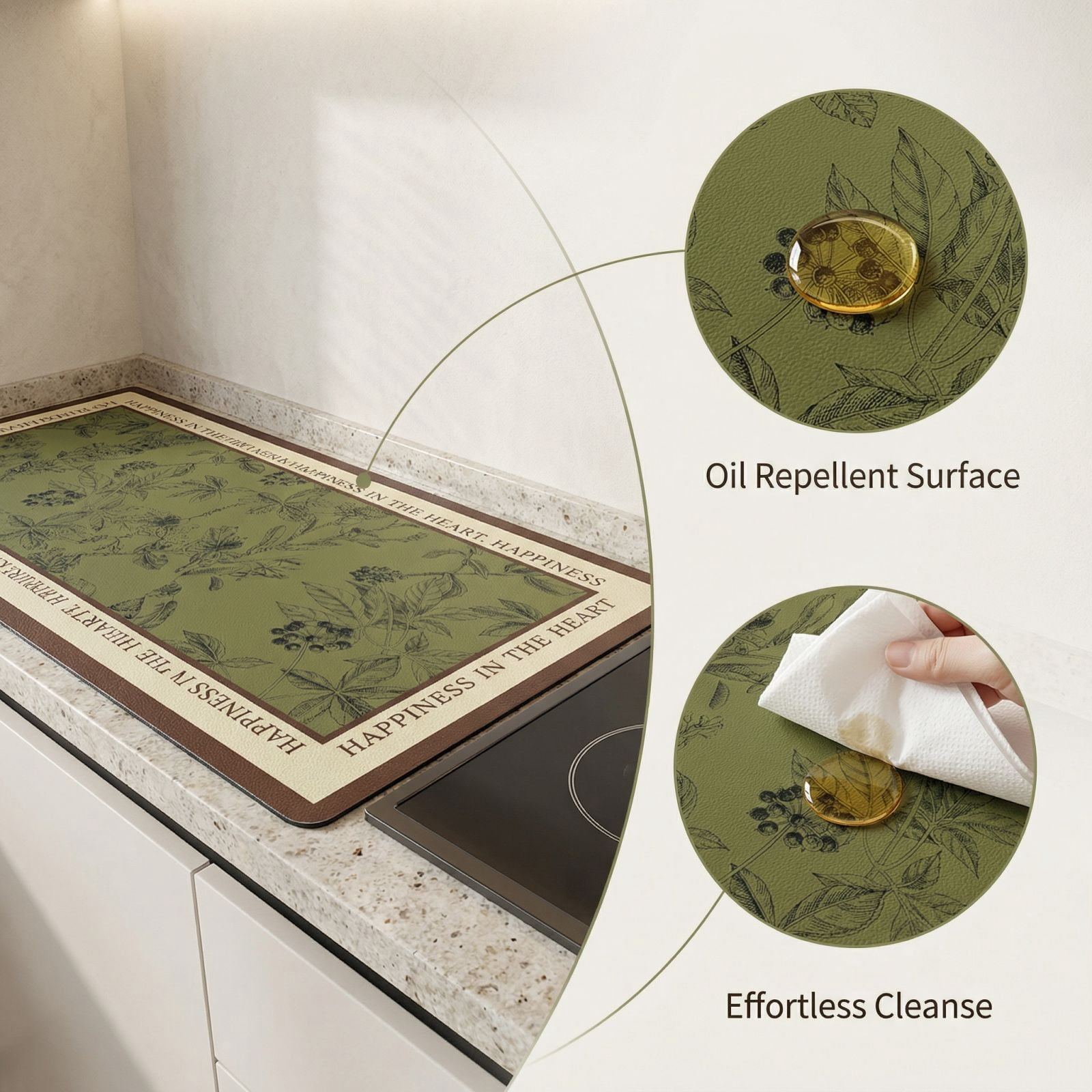 Kitchen Countertop Protector Mat Heat Resistant Oil-Proof Leather Pad Waterproof Cuttable Stove Cover Green Forest Pattern 13.8x31.5 in Green