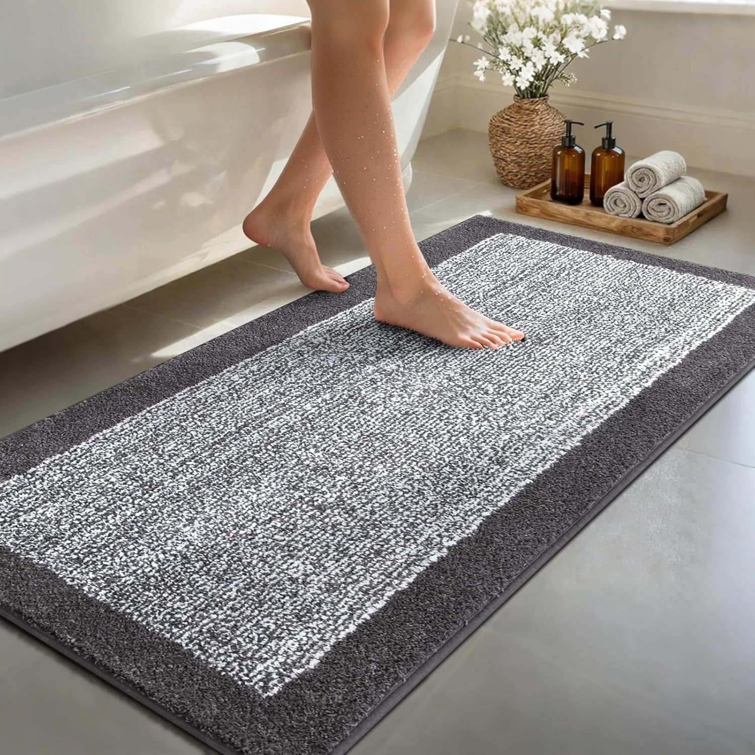 Long 2x4 Ft (48''x24'') Runner Rug for Bathroom,Non Slip Washable Large Kitchen Rugs Bath Rugs, Soft Absorbent Quick Dry Mats Shower, Hallway,Laundry, Tub(Grey)
