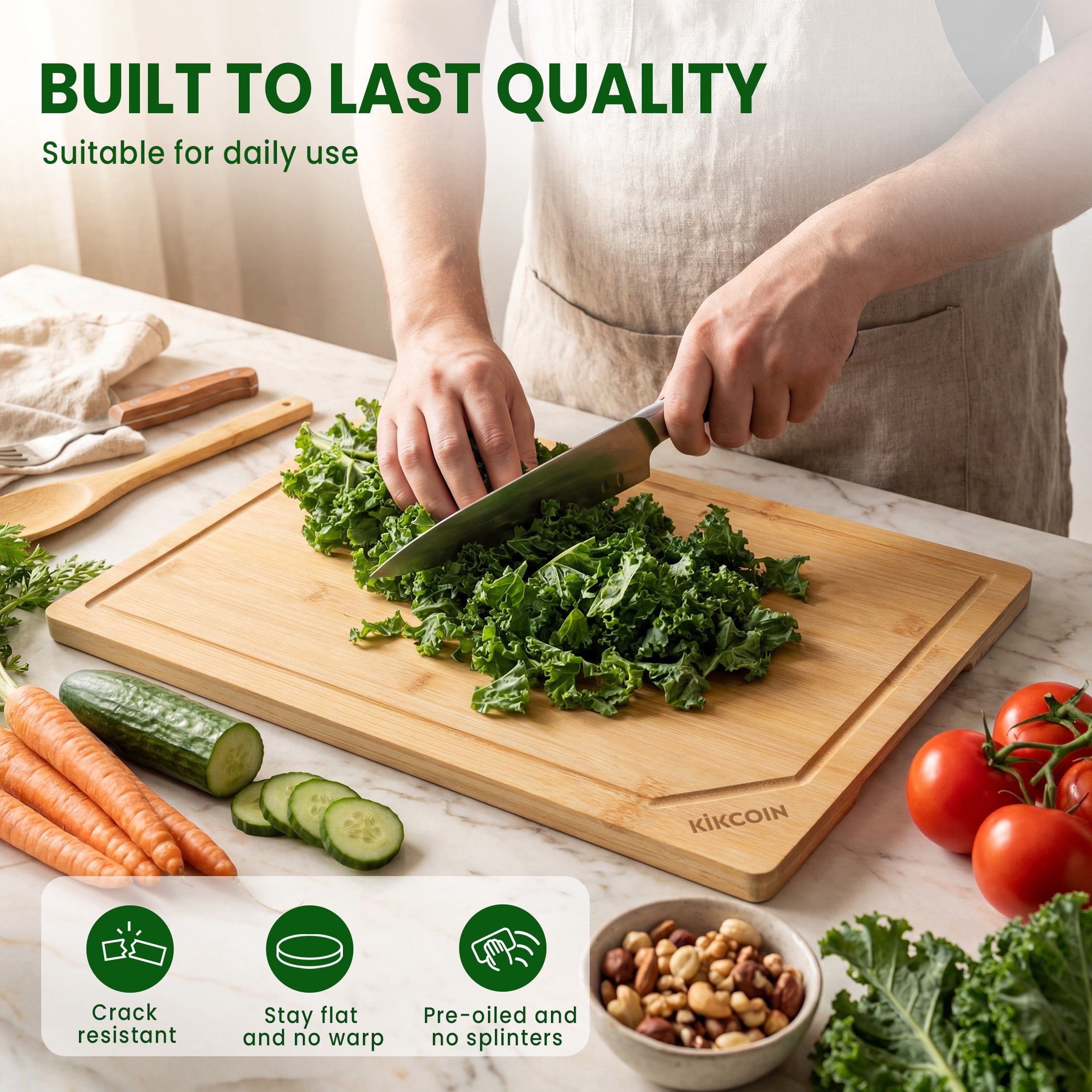 Kikcoin Bamboo Cutting Boards for Kitchen, with Deep Juice Groove and Inner Handle, 17.1" x 11.4"