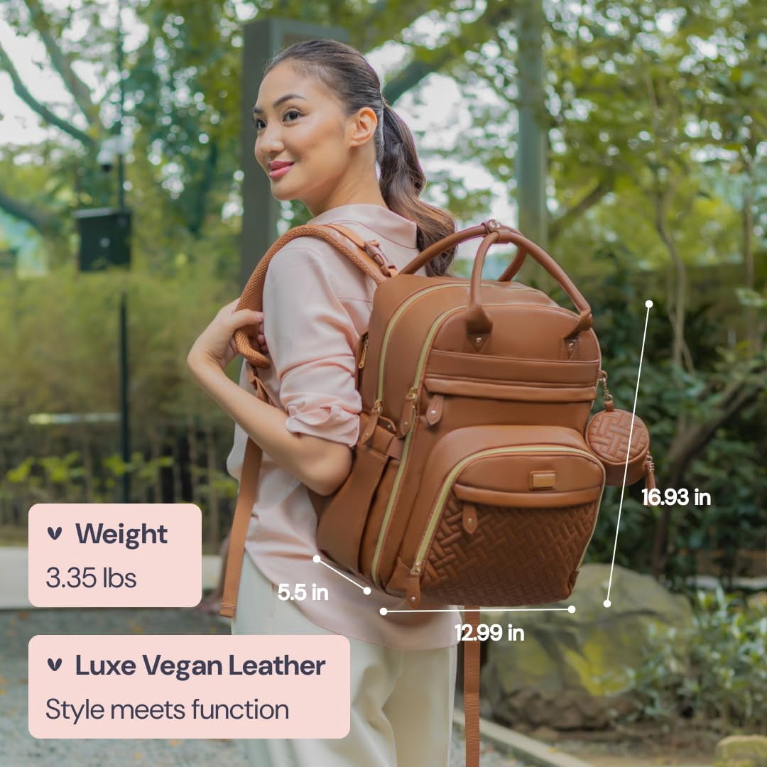 BabbleRoo Diaper Bag Backpack, Multifunction Original Baby Diaper Bag with Insulated Pockets, Vegan leather, Brown