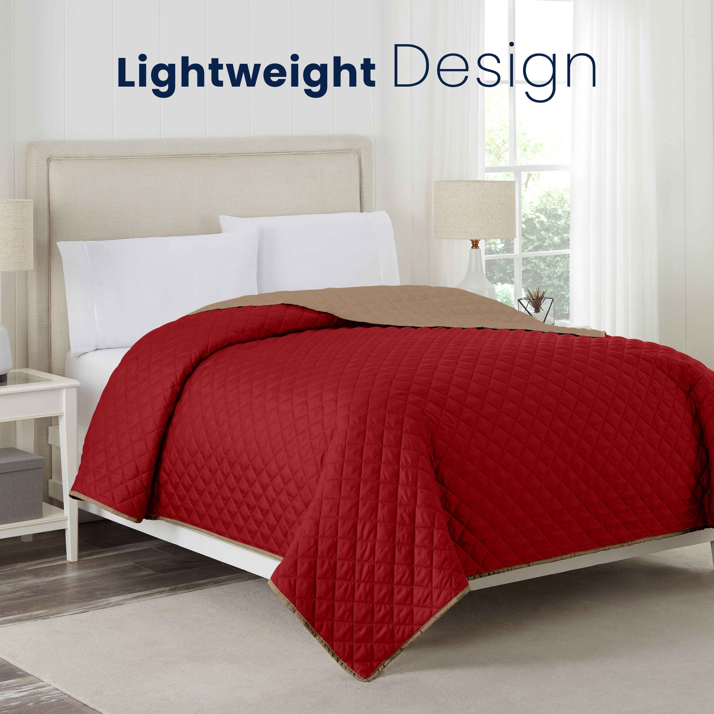 Martex Reversible Microfiber Twin Coverlet, Soft Lightweight Bedding, Khaki/Red