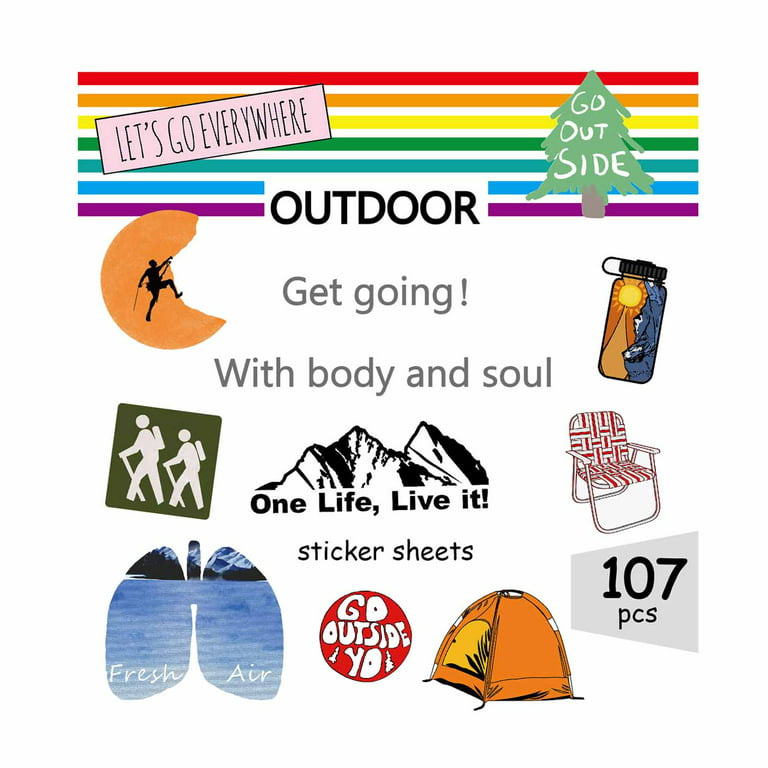 Waterproof Outdoor Hiking Camping Adventure Stickers for Water Bottle Laptop Computer Tumbler Cup 107pcs, Vinyl Outdoorsy Wilderness Nature Travel