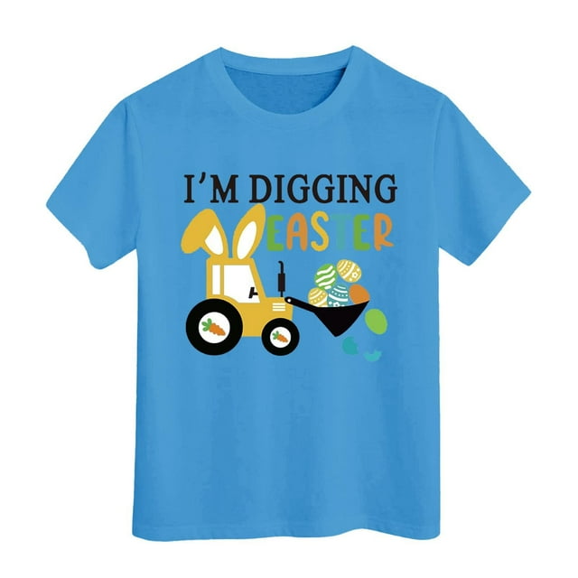 PMVFHDE T-Shirt Graphique à Manches Courtes Imprimé Lapin de Pâques pour Enfants, Col Rond, Décontracté, pour Garçons et Filles, Tee-Shirt de Vacances Printemps Été, Bleu, 6-7 Ans