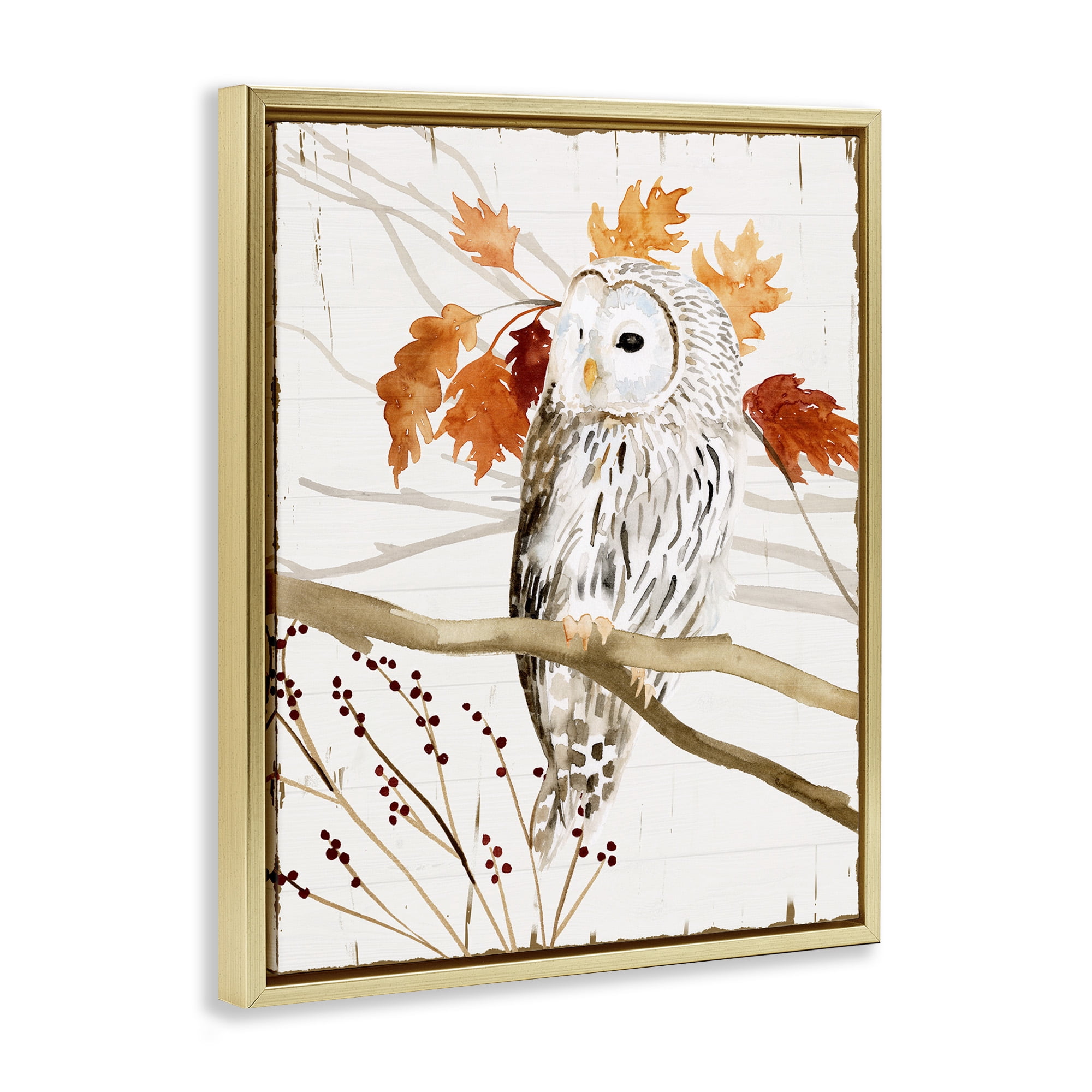Stupell Industries Owl In Autumnal Forest Animals & Insects Painting Gold Floater Framed Canvas Art Print Wall Art, 17 x 21