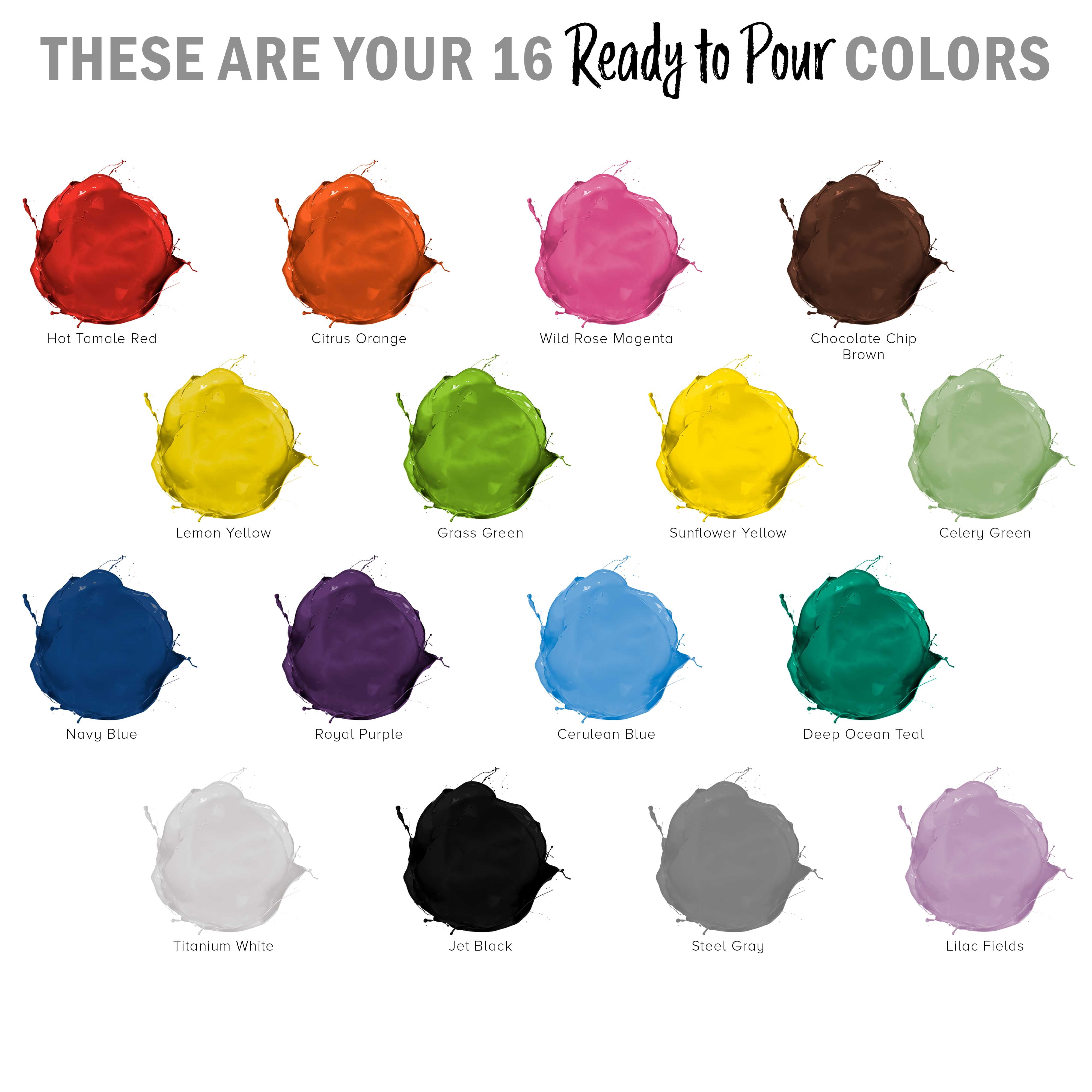 Pouring Masters 16-Color Ready-to-Pour Acrylic Pouring Paint Set, with Silicone Oil & Gloss Medium, 8oz Bottles, Pour Paint Supplies for Canvas & Crafts