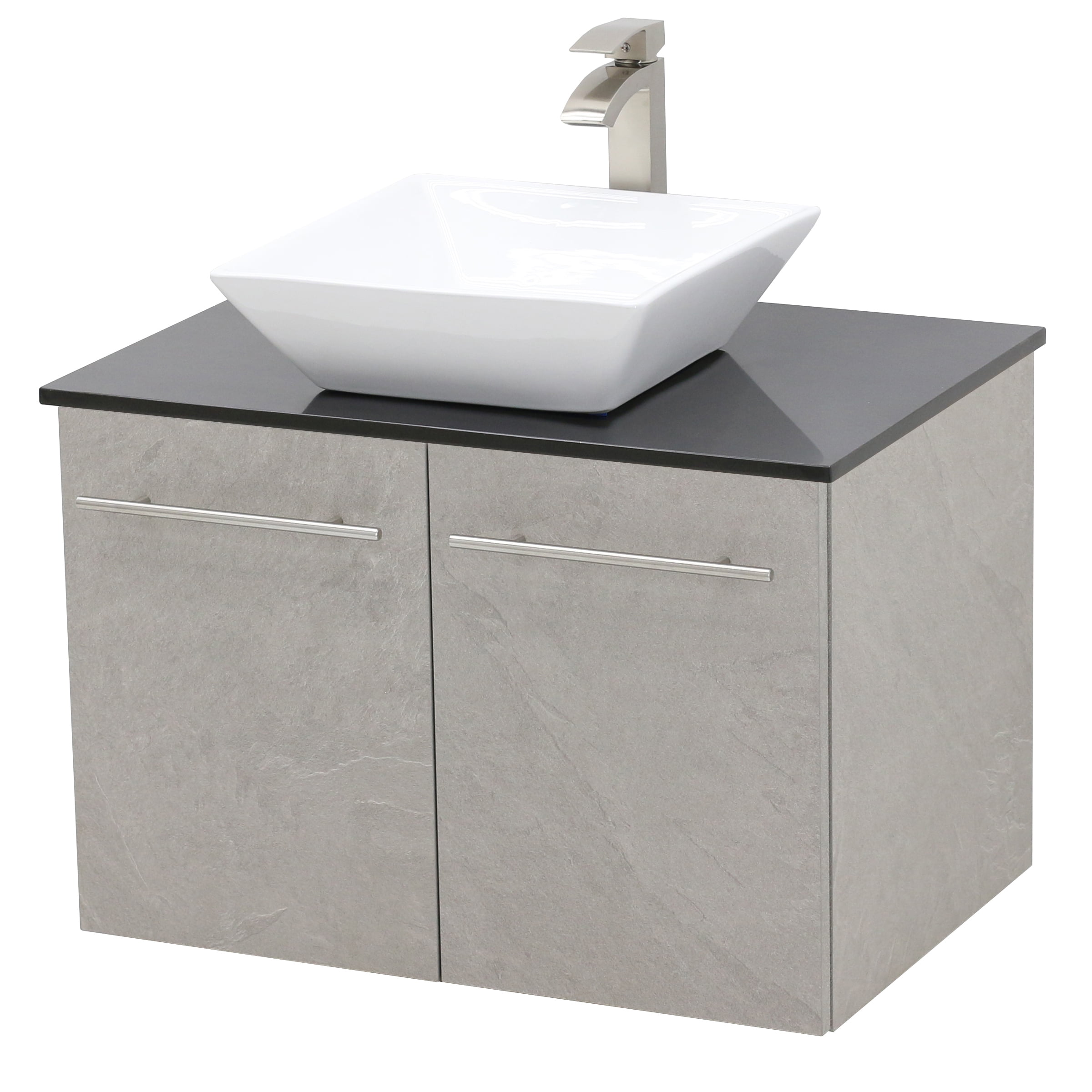 WindBay Wall Mount Floating Bathroom Vanity Sink Set. Light Slate Grey Vanity, Black Flat Stone