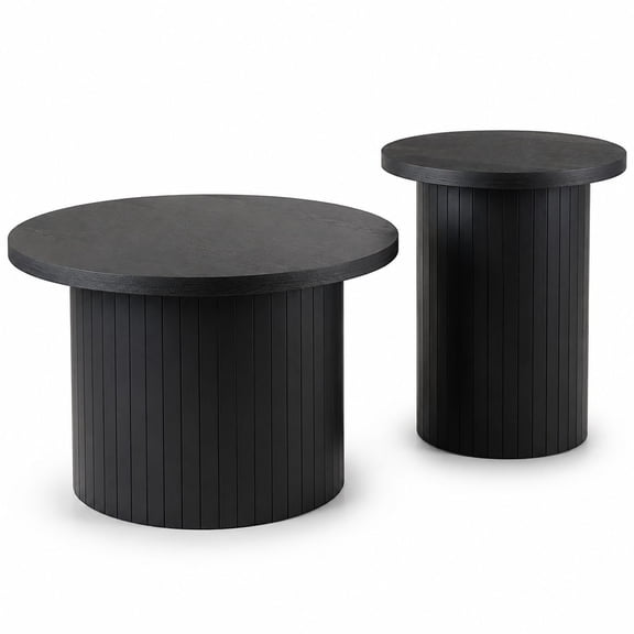 2-Piece Nesting Coffee Table Set, Mid-Century Modern Round Wood Slat Side Tables, Textured Black for Living Room, Office, Balcony