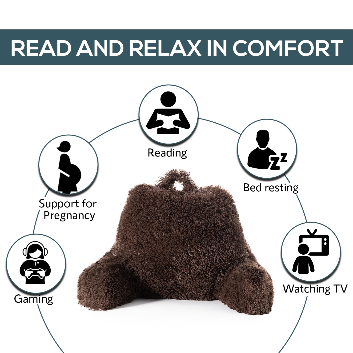 Cheer Collection Fluffy Reading Pillow - Long Shaggy Hair TV and Gaming Pillow with Armrest