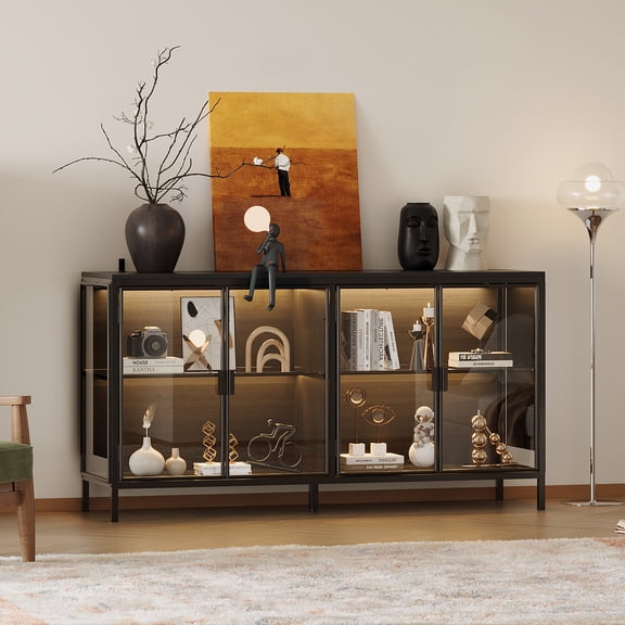 Storage Cabinet with 3-Color LED Lights, Glass Shelves & 4 Compartments, Sideboard Buffet with Solid Metal Legs, Modern Display Cabinet for Living Room Dining Room, Black
