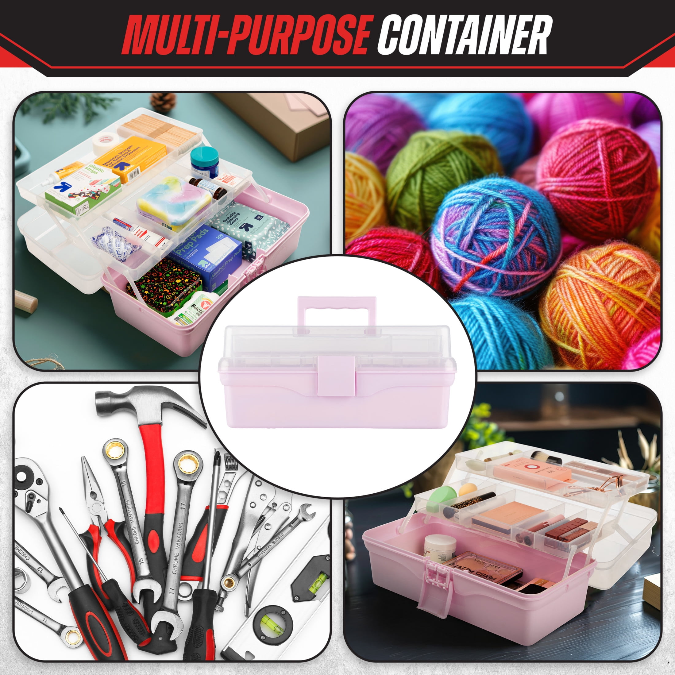 Stalwart 14” Plastic Tackle Box Organizer - 3-Layer Portable Craft Storage Art Caddy, Pink