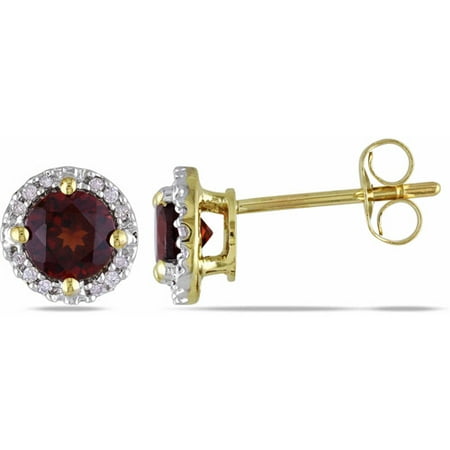 1-1/5 Carat T.G.W. Garnet and Diamond Accent 10kt Yellow Gold Halo Stud Earrings
