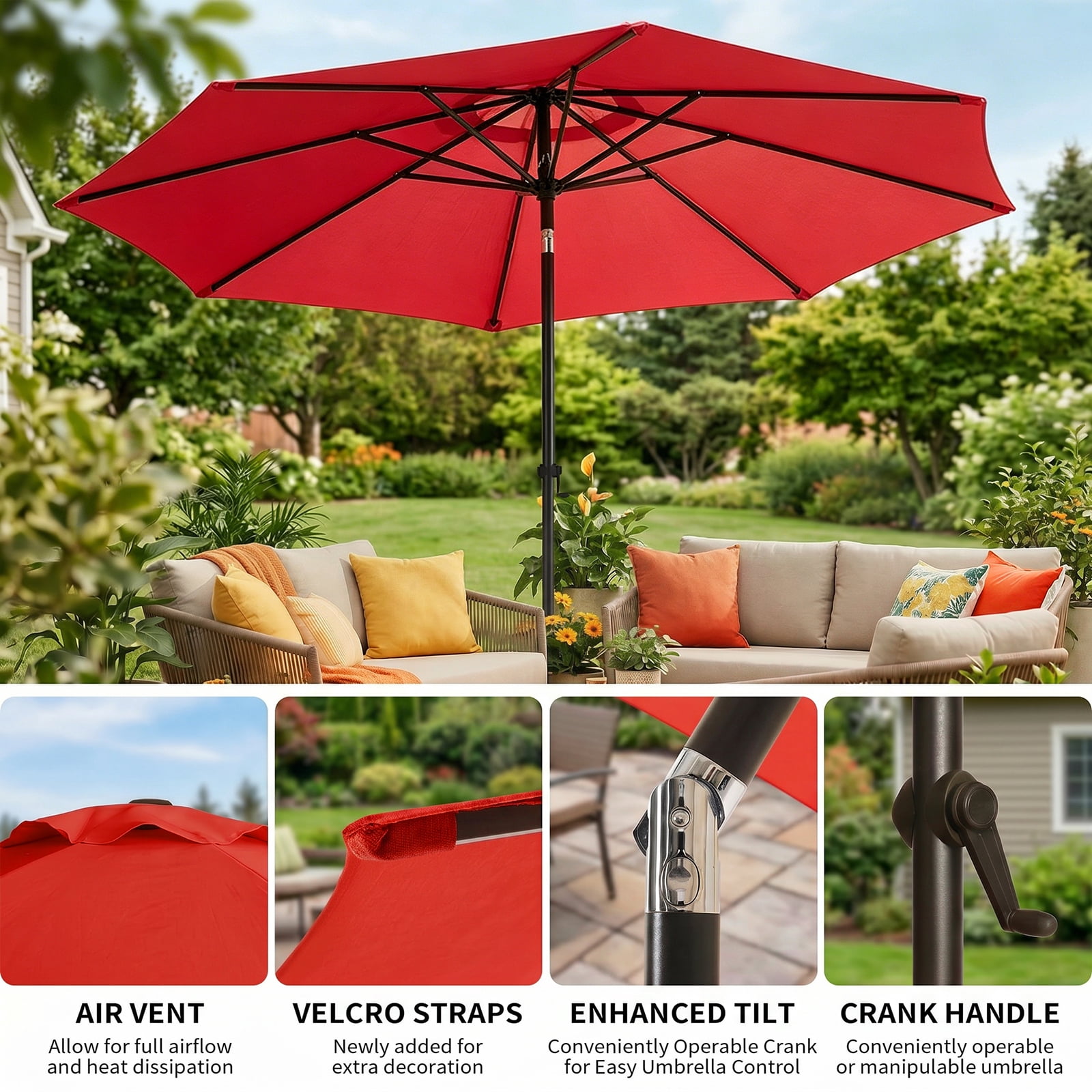 11FT Patio Umbrella (Base Included), 8 Heavy-Duty Ribs, Fade & Waterproof Polyester DTY Canopy for Outdoor Areas: Garden, Deck, Pool & Backyard, Red