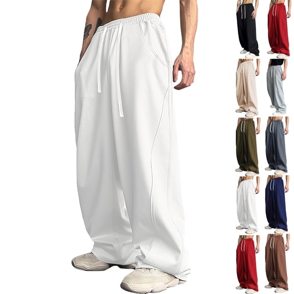 Lenago Men Casual Pants Straight Fit with Side Pockets Elastic Waist Polyester for Spring Summer Daily Work Outdoor Home Wear Multiple Colors Available