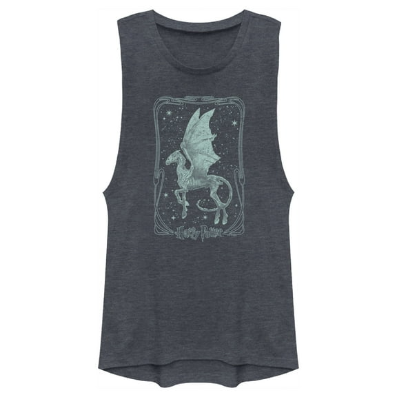 Junior's Harry Potter Thestral Tarot Card Festival Muscle Graphic Tee Denim Blue Heather X Small