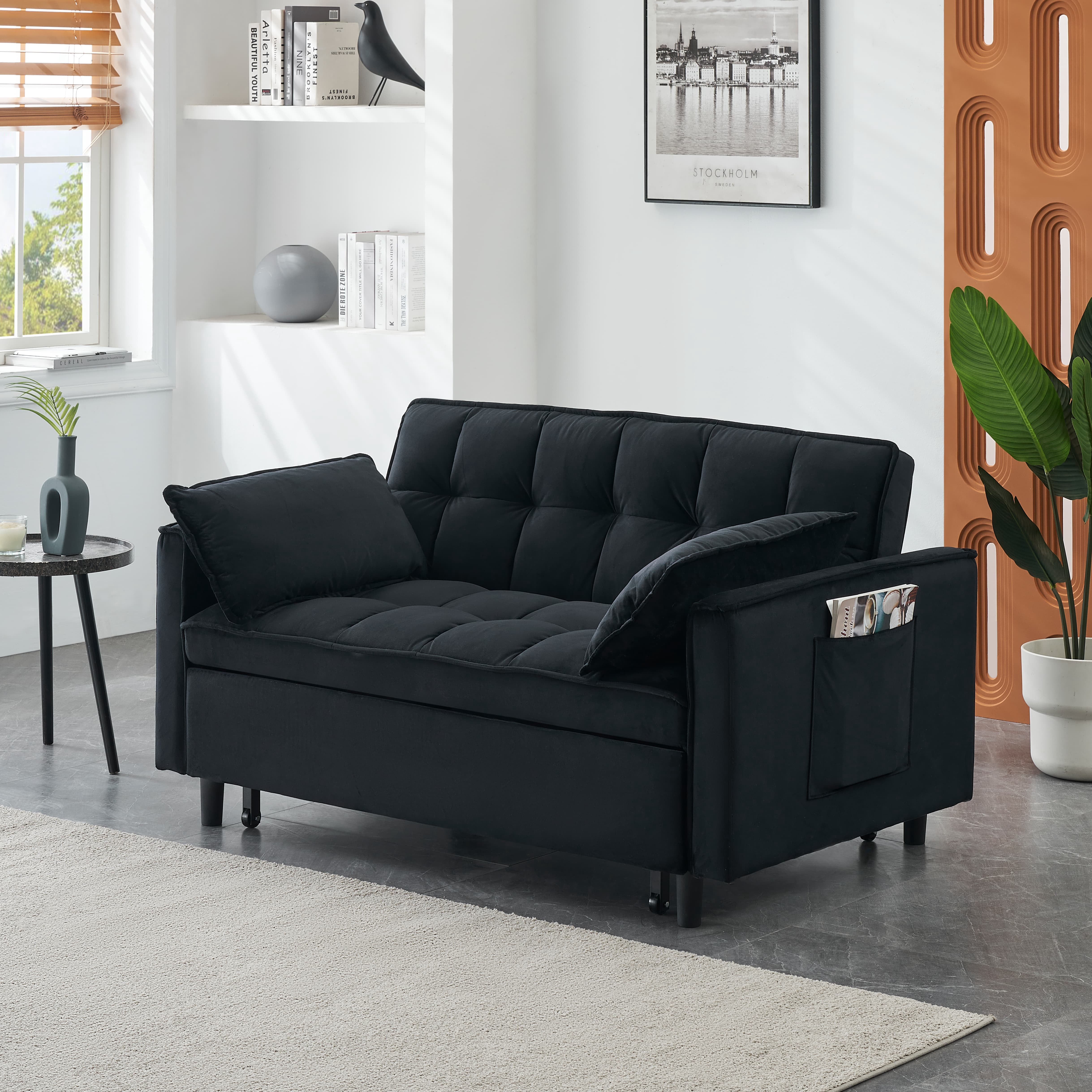 MAYEERTY 3 In 1 Convertible Sleep Sofa Bed, Pull Out Velvet Sleeper Sofa Small Loveseat, for Apartment, Living Room, Small Space, Black