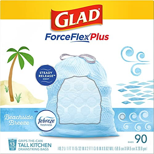  Glad ForceFlex MaxStrength Tall Kitchen Drawstring Trash Bags, 13  Gallon, Beachside Breeze with Febreze Freshness, 90 Count : Health &  Household