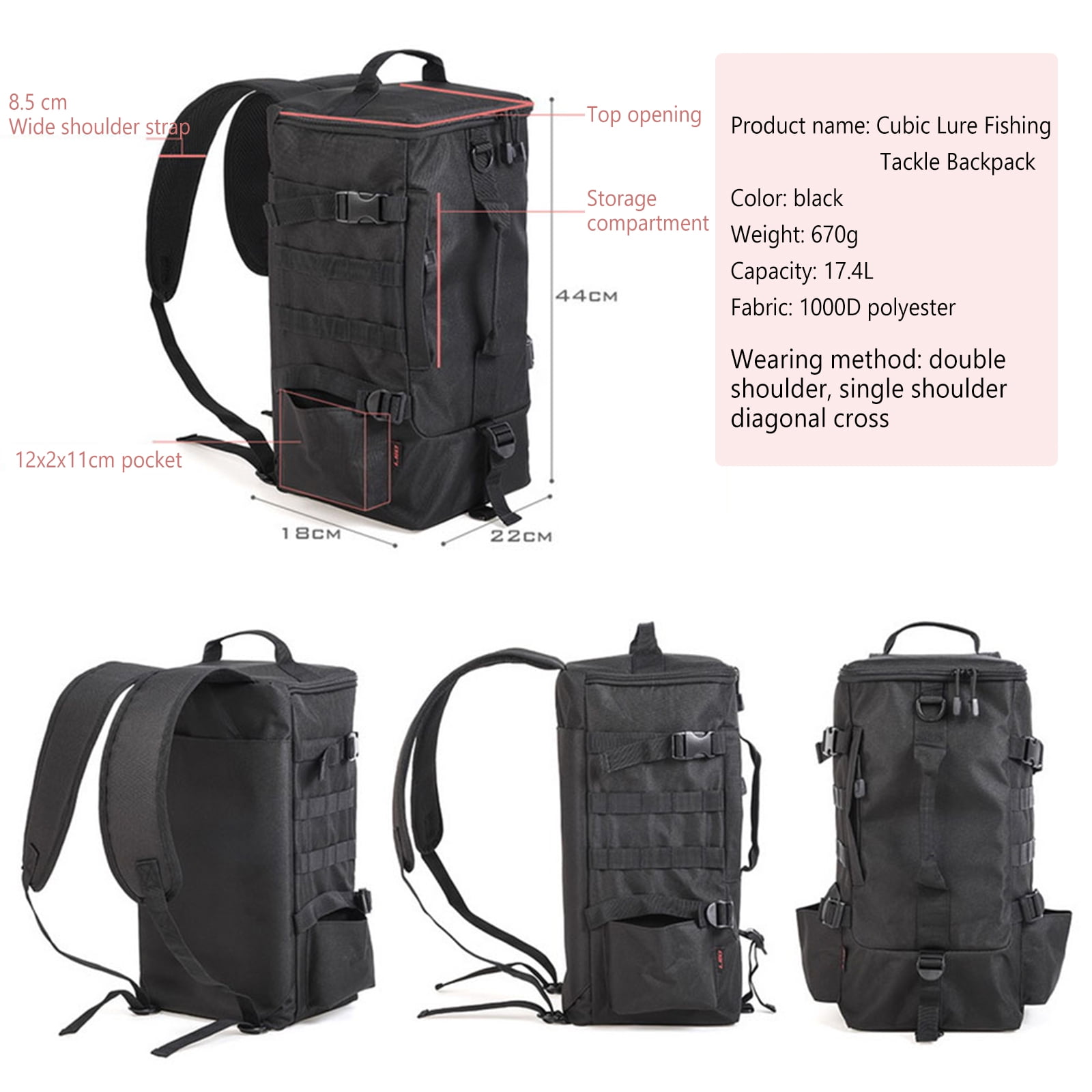 Outdoor Fishing Tackle Backpack 17.4l Large Capacity