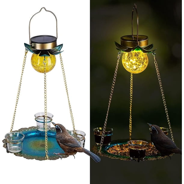 Comedero para pájaros con energía solar para colgar al aire libre, comedero para pájaros salvajes con vaso de vidrio para cucharón, semillas de flores o agua, comederos para pájaros a prueba de a