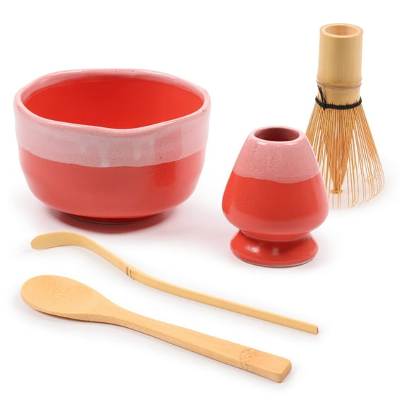 BambooMN Matcha Bowl Set (Includes Bowl, Rest,Tea Whisk, Chasaku, & Tea Spoon) 10 Sets Coral