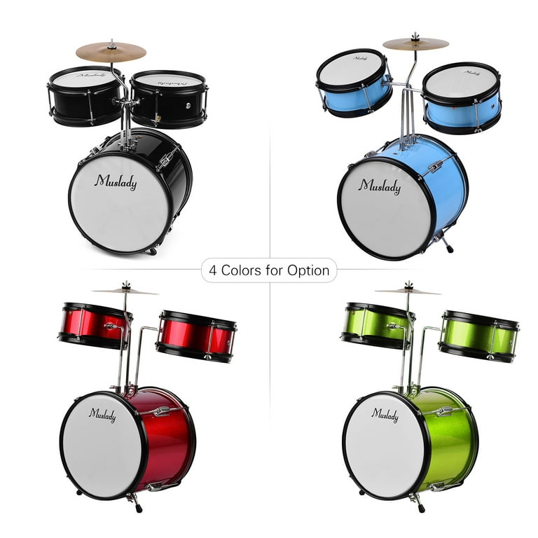 Muslady 3 Piece Drum Set Kit Percussion Musical Instrument with Cymbal Drumsticks Adjustable Stool for Kids Children Junior Beginners