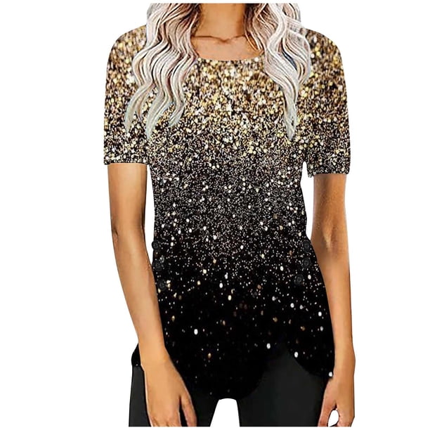 Blusas de Manga Corta para las Mujeres Botón Impreso Cuello Redondo Top Casual, Blusas para las Mujeres Casual