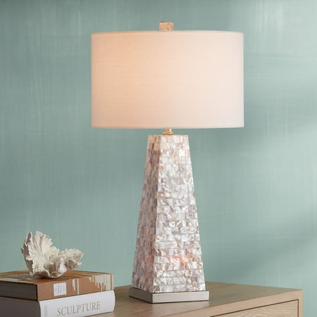 Modern Lamp Base Possini Euro Design Modern Table Lamp with Nightlight Pearl Tile Square Tapered Base Drum Shade for Living Room Family Bedroom ()