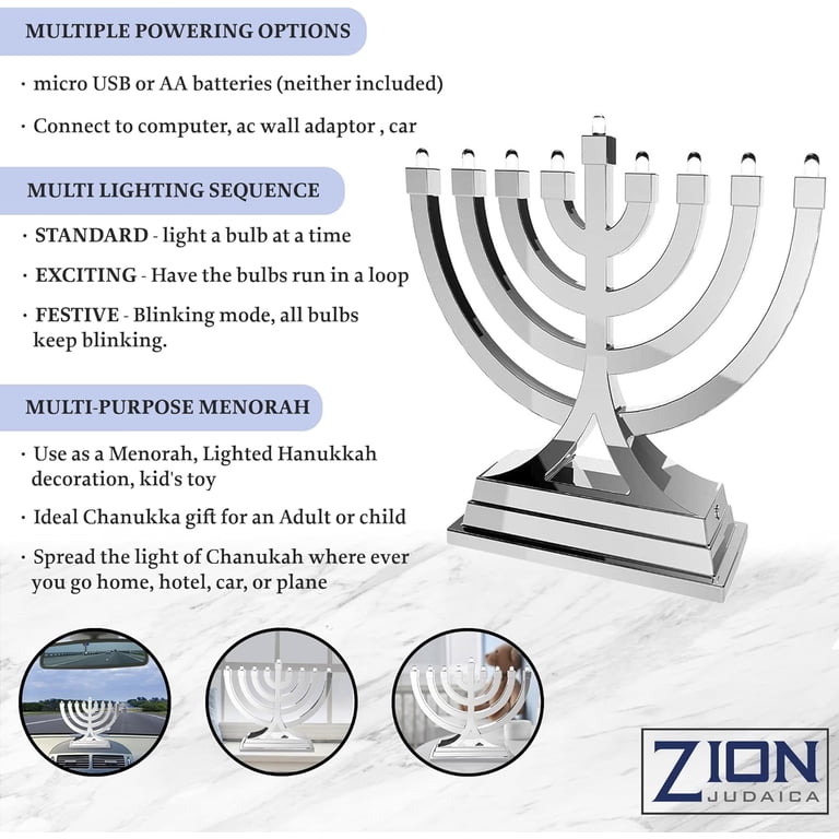 Zion Judaica Mini LED Menorah, Silver, Battery or USB photo 3
