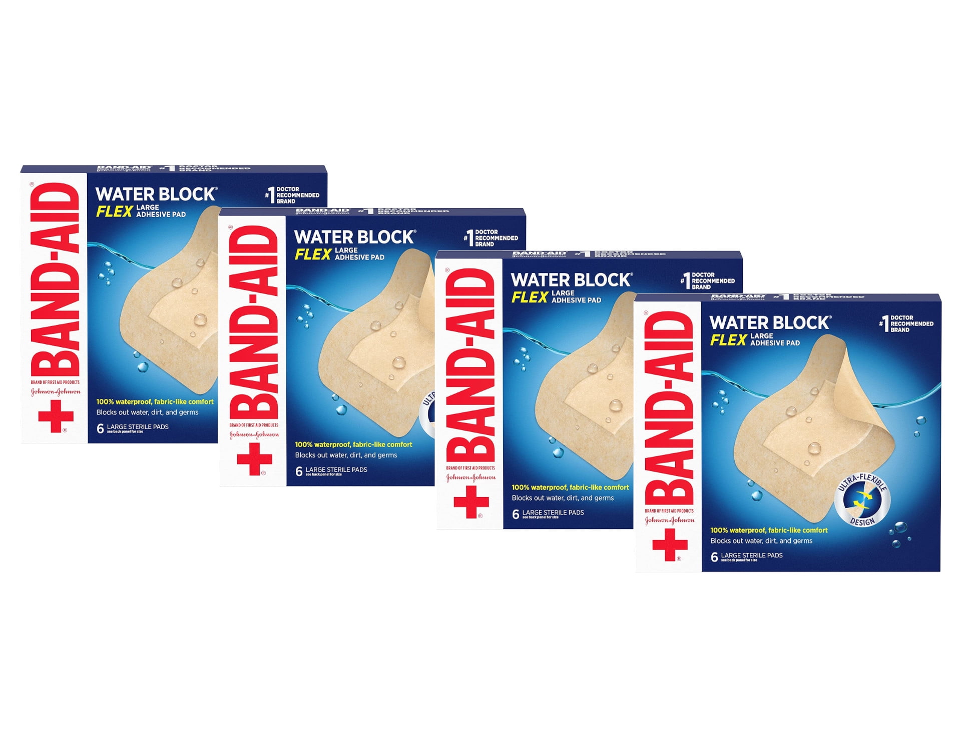 Band-Aid Brand Water Block Flex Waterproof Adhesive Pads, Large, 6 ct (Pack of 4)