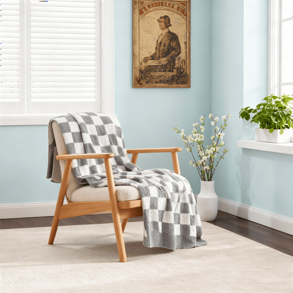 Reversible Checkered Microfiber Throw Blanket,Plaid Gray,50"x60"