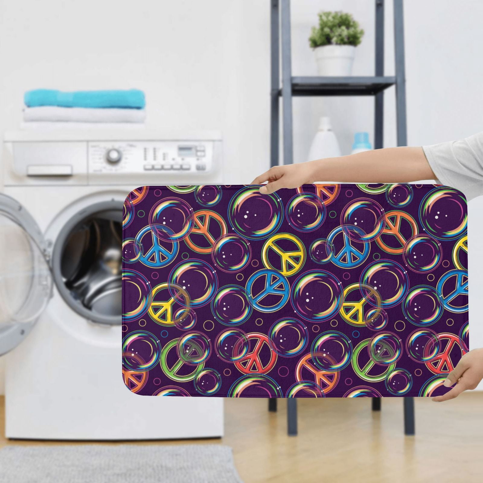 Bathroom Rugs Sets 3 Piece - peace sign bubbles dark purple Absorbent Non Slip Bath Mats, U-Shape Toilet Lid Cover, Contour Mat, Soft Washable Shower Mats Bath Rug Mat for Bathroom Tub Toilet