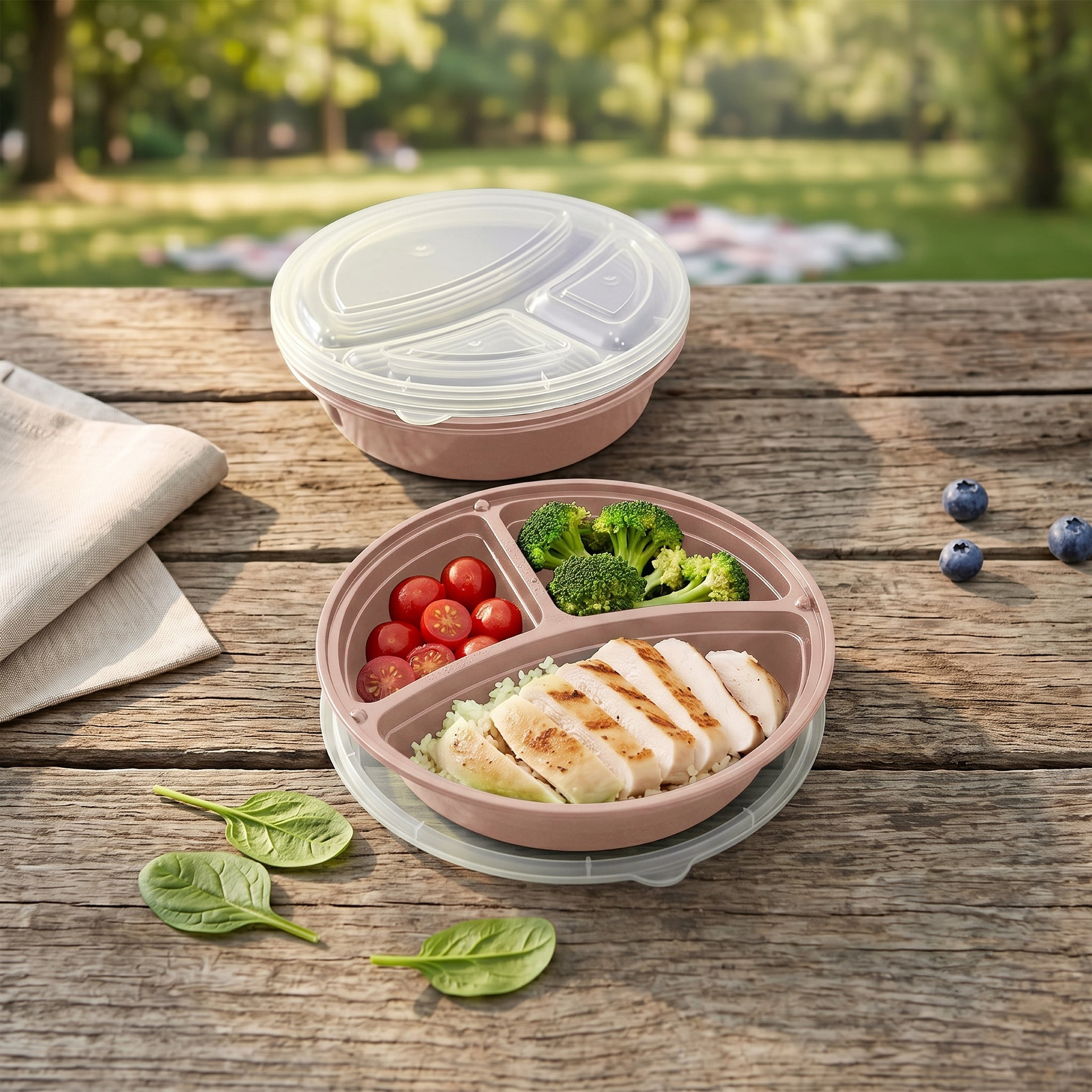 Mainstays 5-Pack 3-Compartment Round BPA-Free Plastic Meal Prep Food Storage Containers, 1L, Pink Blush