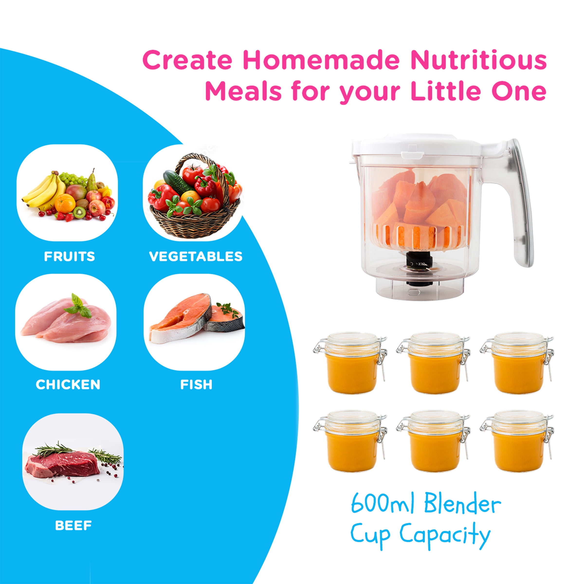 EVLA’s Baby Food Maker with Touch Screen and 6 Reusable Pouches, White