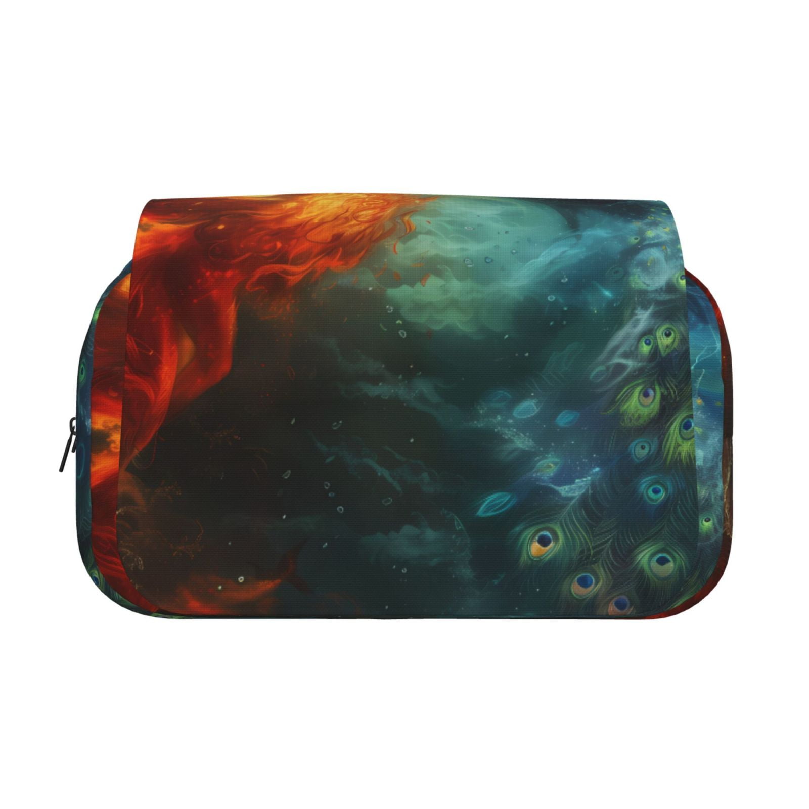 Rateoe Red And Blue Fire Peacock Pattern Double Clamshell Pen Case, Storage Organizer with Two Zipper Compartments– Holds Up to 50 Pencils & Pens
